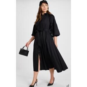 NWT Kate Spade Black Poplin Midi Dress Belt Blouson Sleeve Sz Large $368